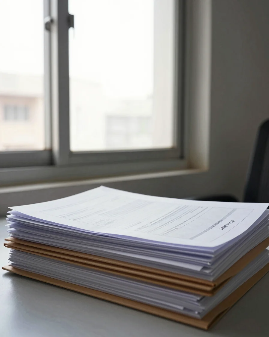 Editorial documentary close-up of a desk in a practical commercia