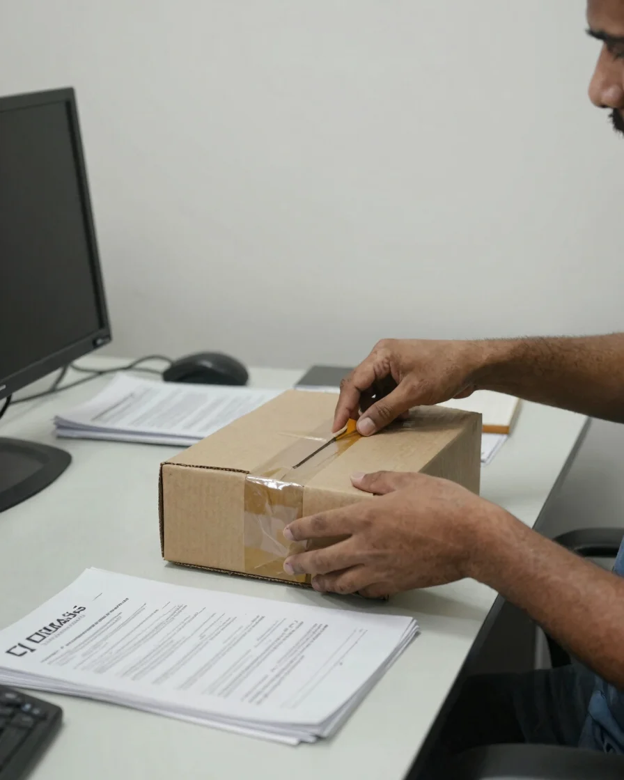Editorial logistics photography, clear daylight, restrained neutral tones: a pair of hands carefully sealing a cardboard