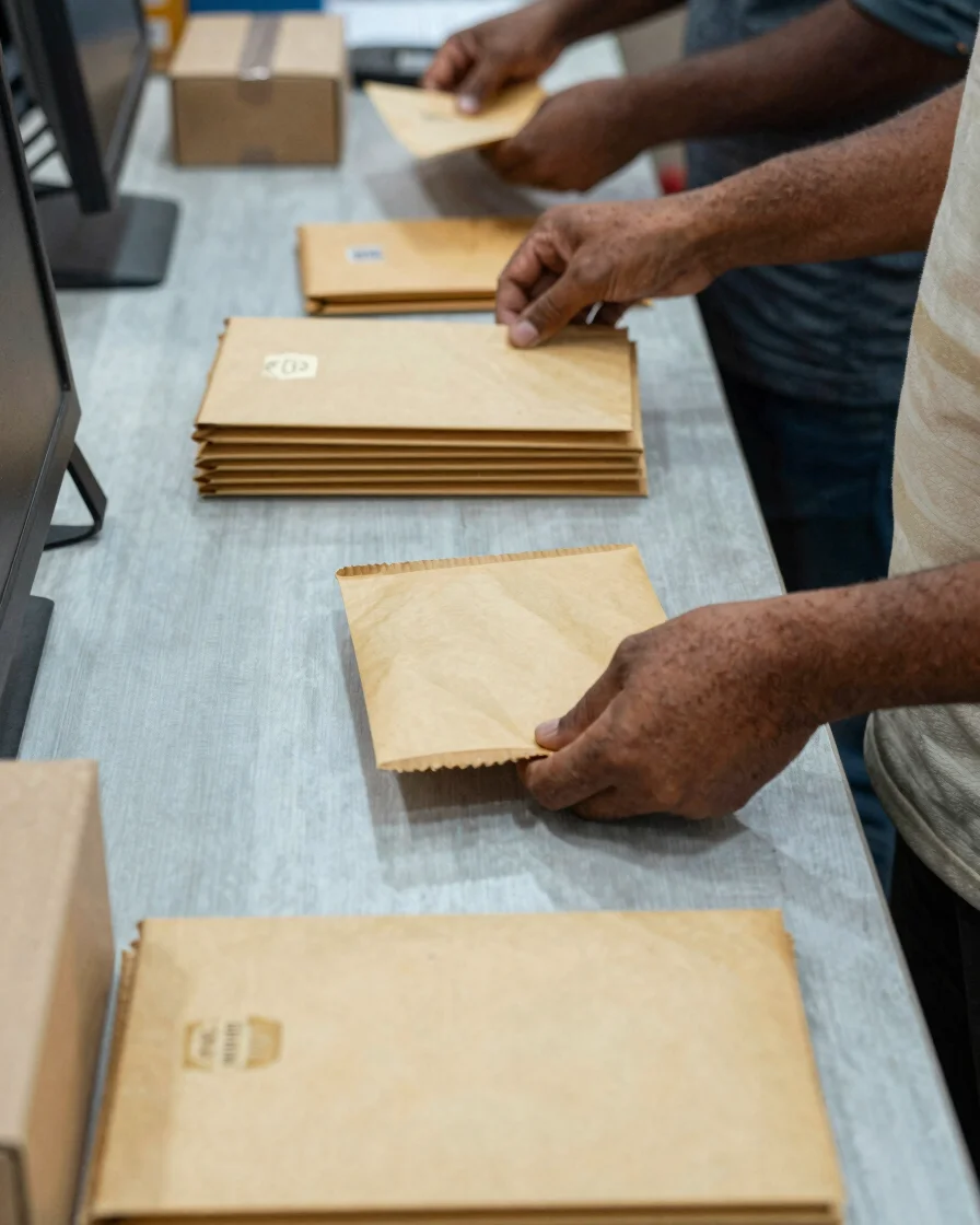 Editorial documentary photograph in clear daylight of parcels pre
